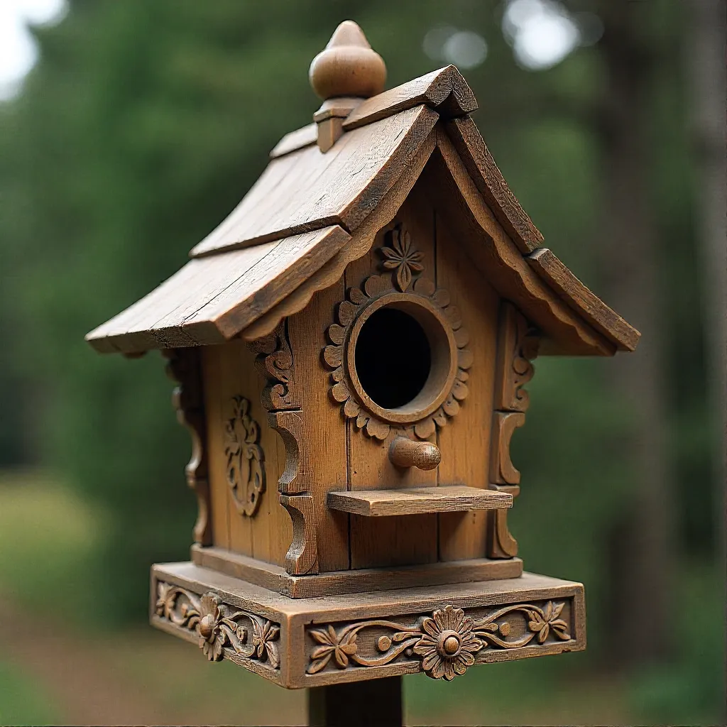 Koristeellinen puinen lintupönttö yksityiskohdineen